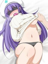 arms_behind_back ball_gag blindfold blue_hair bondage breasts club gag gagged hat imminent_rape jpeg_artifacts kotatsu_(artist) large_breasts long_hair no_pants pangya panties shirt_lift shirt_pull sweater underboob underwear