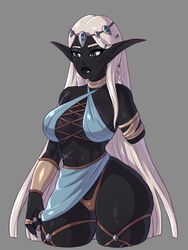 1girls black_eyes black_skin blue_clothing breasts cleavage cleavage_cutout dark-skinned_female dark_elf dark_skin drow elf elf_ears female headpiece kingofundrock long_ears long_fingernails long_hair missing_arm necklace pointy_ears revealing_clothes sideboob skimpy thick_thighs thigh_strap thin_waist thong voluptuous white_hair wide_hips