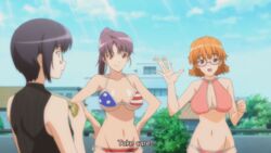 3girls amagi_manami american_flag_bikini big_breasts bikini breasts brown_eyes camera chinatsu_(sweet_home) cleavage english_text female female_only furuhashi_chinatsu glasses hands_on_hips kaede_(sweet_home) large_breasts manami_(sweet_home) multiple_girls navel open_mouth orange_hair pink_bikini ponytail purple_hair red_eyes screencap screenshot short_hair smile soga_kaede stitched sunshine sweet_home swimsuit voluptuous