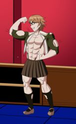 1male abs danganronpa depraveddefense exposed_chest flexing_bicep fujisaki_chihiro male masculine masculinization muscle_growth open_shirt pecs popped_buttons sequence_parts smooth_skin torn_sleeves torn_socks