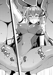 animal_ears arm_strap azur_lane blush bodysuit breasts commentary covered_navel covered_nipples crotch_rub eyebrows_visible_through_hair fake_animal_ears female female_ejaculation female_orgasm full_body furrowed_brow greyscale hair_between_eyes headgear heart heart-shaped_pupils high_heels kusano_(torisukerabasu) large_breasts leotard long_hair masturbation monochrome multiple_boys new_jersey_(azur_lane) new_jersey_(exhilarating_steps!)_(azur_lane) nipples official_alternate_costume open_mouth orgasm playboy_bunny pole pole_dancing pole_masturbation puckered_lips pussy_juice rabbit_ears skin_tight solo_focus sound_effects spread_legs squatting stripper_pole sweat symbol-shaped_pupils tiptoes trembling