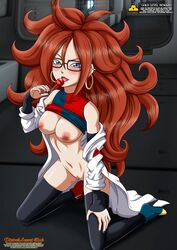 1girls android_21 android_21_(human) arms_up bbmbbf black_legwear black_stockings black_thighhighs blue_eyes blue_high_heel_boots blue_high_heels blush brown_hair dragon_ball dragon_ball_fighterz female female_only glasses gold_level half-dressed happy high_heels holding_object kneeling knees_up lab_coat labcoat licking_lollipop lolipop long_hair looking_at_viewer no_bra no_panties palcomix partially_clothed pietros_secret_club thick_thighs thighhighs thighs