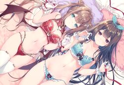 2girls bare_arms bare_shoulders blue_bra blue_eyes blue_panties blue_underwear blush bow bra breasts brown_eyes brown_hair china_dress chinese_clothes clavicle cleavage cleavage_cutout closed_mouth clothing_cutout comic_market comic_market_97 demon_wings double_bun dress duo female frills gloves gluteal_fold hair hair_ornament hair_ribbon hairbow hands_up heart_cutout high_resolution hips large_breasts large_filesize lingerie long_hair looking_at_viewer lying miwabe_sakura multi-strapped_panties multiple_girls navel on_back original pantsu partly_fingerless_gloves pillow pion red_bra red_eyes red_panties red_ribbon red_underwear ribbon scan shiny shiny_skin shitagi_plus_2 side-tie_panties sidelocks skindentation smile stomach tagme thighhighs thighs tied_hair twintails twitter_username underwear underwear_only untied untied_panties very_high_resolution very_long_hair white_gloves white_legwear wings yugake