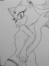 accessory anthro blaze_the_cat breasts domestic_cat eyelashes felid feline felis female genitals hair_accessory hi_res looking_at_viewer mammal monochrome pussy randomguy999 sega simple_background small_breasts solo sonic_(series)