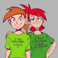 2girls cartoon_network clothed clothes_writing clothing collar crossover english_text female female_only foster's_home_for_imaginary_friends frankie_foster front_view human looking_at_viewer neckwear nickelodeon orange_hair print_shirt red_hair shirt smile t-shirt teeth text the_fairly_oddparents the_hitoverlord topwear vicky_(fairly_odd_parents) voice_actor_connection