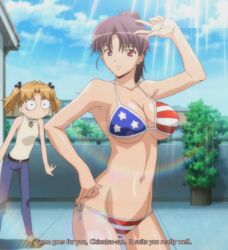 2girls american_flag_bikini arm_up armpits big_breasts bikini blonde_hair breasts busty chinatsu_(sweet_home) cleavage clothing english_text female female_only furuhashi_chinatsu hand_on_hip hips large_breasts looking_at_viewer multiple_girls navel o_o ponytail pose purple_hair risa_(sweet_home) screencap screenshot smile stitched sunshine surprised sweet_home swimsuit thick_thighs third-party_edit tomosato_risa twintails v voluptuous