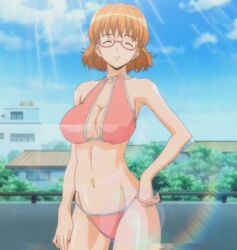 1girls amagi_manami big_breasts bikini breasts busty cleavage cleavage_cutout closed_eyes female female_only glasses hand_on_hip hips large_breasts manami_(sweet_home) navel orange_hair pink_bikini pose screencap screenshot short_hair smile solo stitched sweet_home swimsuit thick_thighs third-party_edit voluptuous