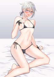 1boy 2021 alternate_version_available arm_support bed_sheet bikini bikini_bottom bikini_top black_bikini black_bikini_bottom black_bikini_top blue_eyes blush bulge covered_nipples crossdressing fate/grand_order fate_(series) femboy gao_changgong_(fate) girly glasses gradient_background grey_hair looking_at_viewer male male_focus male_only micro_bikini micro_bikini_top mzmz0424 open_mouth open_mouth ponytail sheet_grab simple_background solo solo_focus solo_male thighs trap