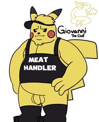 anthro apron baconatordeluxe balls clothing facial_tuft fat_fur footwear furry genitals giovanni_(character) hat headgear headwear hi_res male male_focus male_only nintendo overweight overweight_anthro overweight_male penis pikachu pokémon_(species) pokemon sitting sketch slightly_chubby socks solo video_games