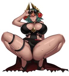 1girls alternate_costume bare_legs black_swimsuit breasts cleavage commission dark-skinned_female dark_skin eyewear_on_head female female_only fire_emblem fire_emblem_heroes from_below gold_horns green_hair highres horns huge_breasts kevbot laegjarn_(fire_emblem) laegjarn_(summer)_(fire_emblem) looking_at_viewer looking_down multicolored_hair nintendo official_alternate_costume one-piece_swimsuit partially_visible_vulva pussy red_eyes solo spread_legs squatting sunglasses sunglasses_on_head sweat swimsuit thick_thighs thighs white_background wide_hips