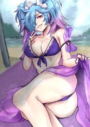 >:) 1girls adjusting_clothes alternate_costume ass ass_focus beach beach_towel beach_umbrella bikini blue_hair breasts camilla_(fire_emblem) camilla_(fire_emblem)_(cosplay) camilla_(summer)_(fire_emblem) cleavage clothes_lift cloud cloudy_sky cosplay female female_only fire_emblem fire_emblem_fates fire_emblem_heroes flashing gradient_hair grin hair_over_one_eye hand_on_own_chest heterochromia highres large_ass large_breasts lips long_hair looking_at_viewer mountain multicolored_hair nintendo ocean official_alternate_costume open_mouth peri_(fire_emblem) pink_hair presenting presenting_hindquarters purple_bikini purple_sarong purple_swimsuit red_eyes sarong sky smile smirk solo sunlight swimsuit teasing towel twintails two-tone_hair two_tone_hair umbrella vialnite