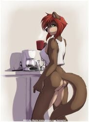 2015 bottomless chips coffee_maker coffee_mug furry green_eyes jay_naylor looking_to_the_side original_life_universe_(jay_naylor) outlet red_(jay_naylor) red_hair tagme