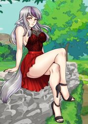 1girls alternate_costume bare_legs black_nails crossed_legs davyonmartz fire_emblem fire_emblem_fates grey_hair high_heels large_breasts legs_crossed long_hair monster_girl multicolored_hair nail_polish nintendo orange_eyes outdoors sideboob sitting smile solo thick_thighs velouria velouria_(fire_emblem) wolf_girl