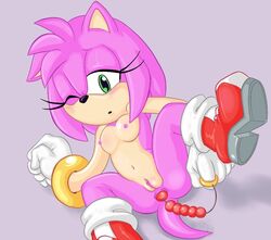 amy_rose anal anal_beads anthro breasts eulipotyphlan eyelashes female footwear fur genitals gloves green_eyes handwear hedgehog mammal mostly_nude one_eye_closed pink_body pink_fur pussy randomguy999 sega sex_toy simple_background solo sonic_(series)