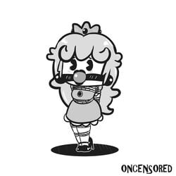 1girls ball_gag bondage cartoony clothing crown female female_only full_body greyscale high_heels mario_(series) monochrome nintendo old older oldschool oncensored pac-man_eyes princess princess_peach rope_bondage royalty solo standing toony