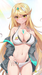 1girls 2021 bangs bare_legs belly_button bikini black_bikini black_jacket blonde_hair blush breasts core_crystal female female_focus female_only gold_eyes hair_ornament hand_on_chest hi_res hips huge_breasts jacket jacket_partially_removed kiiro_kimi large_breasts layered_bikini layered_swimsuit long_hair looking_at_viewer midriff mythra navel nintendo open_jacket simple_background slim_waist smile smiling_at_viewer solo swept_bangs swimsuit thick_thighs thighs tiara tongue tongue_out very_long_hair white_background white_bikini white_swimsuit wide_hips xenoblade_(series) xenoblade_chronicles_2 yellow_eyes yellowgua