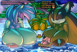 1boy 2girls amy_rose anthro areola badger big_areola big_breasts big_nipples breast_squish breasts brown_nipples canid canine dark_nipples dialogue english_text eulipotyphlan female fox fur furry furry_only genitals handjob hedgehog hi_res hot_tub huge_areolae huge_breasts huge_nipples large_breasts male male/female mammal mustelid musteline nipples nude outside partially_submerged penile penis pink_nipples sega sex sonic_(series) sonic_boom sonic_the_hedgehog_(series) squish sticks_the_badger sticks_the_jungle_badger sticks_the_tejon tails text trio water xaveknyne