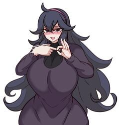 1girls blush breasts cleavage curvy cute female female_only hex_maniac looking_at_viewer nicecream pokemon pokemon_xy sex_gesture simple_background smile solo tagme white_background