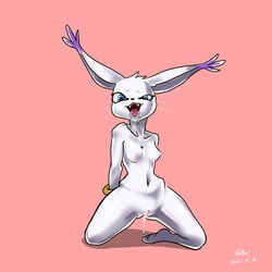 <3_eyes 1:1 2021 ahe_gao anthro bandai_namco blue_eyes bodily_fluids breasts censored digimon digimon_(species) dripping drooling fangs female gatomon gatox_(artist) genital_fluids genitals hands_behind_back heart hi_res kneeling looking_at_viewer looking_pleasured mosaic_censorship navel nipples nude open_mouth pink_background pussy pussy_juice pussy_juice_drip saliva signature simple_background solo tailmon tongue tongue_out