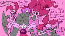 1boy 1girls ball_sucking ball_worship balls balls_deep balls_on_face blush cartoon_network deepthroat dialogue drooling fellatio gem_(species) handjob huge_balls jones_boi jonesbo50034805 oral pink_hair rolling_eyes spinel_(steven_universe) steven_universe text twintails