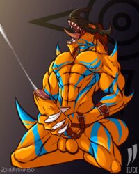 4:5 abs anthro balls bandai_namco closed_eyes digimon digimon_(species) ejaculation erection foreskin genitals geogreymon hi_res iudicium86 kneeling male muscular nipples nude orgasm pecs penis roaring solo tongue uncut