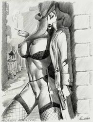 2002 alley detective detective_(cosplay) detective_hat disney gun jessica_rabbit julius_zimmerman monochrome nipples police who_framed_roger_rabbit