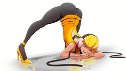 1girls ass ass_up clothed clothing elesa_(pokemon) female female_only gym_leader human jack-o_pose leggings nintendo pokemon pokemon_bw solo solo_female thick_thighs vivivoovoo yellow_hair