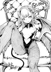 absurdres bare_shoulders betoko blush breasts bridal_gauntlets chair closed_mouth clothing_cutout collarbone covered_collarbone demon_girl demon_horns demon_tail demon_wings female fingernails fishnet_legwear fishnets greyscale harigane_shinshi hatching_(texture) heart heart_cutout highres horns long_fingernails long_hair low_wings milestone_celebration monochrome navel original pantyhose sharp_fingernails signature sitting solo tail thank_you tongue tongue_out wings