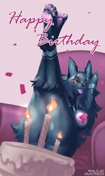 4_toes abyssal_wolf anthro ass birthday_cake black_sclera blue_body blue_fur blue_hair cake canid canine canis chair convenient_censorship dessert elvia feet female food fur furniture hair hi_res legs_up mammal nipples nude orange_eyes pawpads paws pink_nipples pink_pawpads raised_arms see_is_see sitting smile solo text toes tongue tongue_out wolf