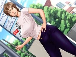 1girls autobahn_(company) breasts broom brown_eyes brown_hair curvy curvy_female denim denim_jeans female game_cg grin hand_on_hip highres holding_broom huge_breasts jeans kitano_takako looking_at_viewer lovemilf matching_hair/eyes milf navel original pants short_hair short_sleeves smile smiling_at_viewer solo standing tatsunami_youtoku white_shirt