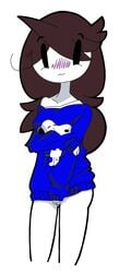 1girls blush bottomless drawfriend eyebrows_visible_through_hair female holding_arm jaiden jaiden_animations looking_at_viewer no_panties peanuts snoopy standing stickman sweater vagina white_shirt youtube youtuber