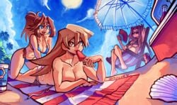 3girls :3 akiza_izinski alexis_rhodes artist_name beach bikini brown_hair clam cleavage feet female highres izayoi_aki large_breasts mogy64 popsicle red_hair sunglasses sunscreen swimsuit tea_gardner tinted_eyewear untied_bikini yu-gi-oh! yu-gi-oh!_5d's yu-gi-oh!_duel_monsters yu-gi-oh!_gx