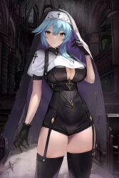 1girls alternate_costume big_breasts blue_hair breasts busty church cleavage clothing dolri eula_(genshin_impact) female female_only garter_straps genshin_impact gloves hi_res human looking_at_viewer nun thick_thighs thighs veil