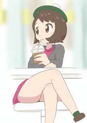 1girls 2021 animated bare_legs beret blurry blurry_background brown_eyes brown_hair bubble_tea cardigan chair clothed clothing crossed_legs drink drinking drinking_straw female female_only gloria_(pokemon) hat highres holding_drink human looking_at_viewer looking_away matching_hair/eyes microsd_(artist) outdoors panties pantyshot pantyshot_(sitting) pokemon pokemon_ss shoes short_hair sitting sitting_on_chair skirt socks solo straw table thighs unaware underwear white_panties