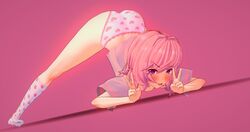 1girls 3d ass_up blush cometz doki_doki_literature_club double_v face_down_ass_up female female_only jack-o_pose natsuki_(doki_doki_literature_club) panties pink_hair smile solo top-down_bottom-up upside-down v