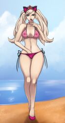 1girls animal_ears ann_takamaki beach bikini blue_eyes cat_ears cognitive_ann eirhjien female finger_in_mouth hand_in_own_bikini hand_in_own_panties hand_in_panties leopard_print leopard_print_bikini medium_breasts nipples persona persona_5 pink_bikini pink_lipstick platinum_blonde_hair see-through see-through_bra see-through_clothing swimsuit thick_thighs twintails wide_hips