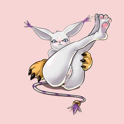 1:1 anthro anus ass bandai_namco blue_eyes blush bodily_fluids censored clothing digimon digimon_(species) embarrassed feet female gatomon gatox_(artist) genital_fluids genitals gloves handwear hi_res legs_together legs_up looking_at_viewer mosaic_censorship nude pawpads presenting presenting_pussy pussy pussy_juice simple_background soles solo tailmon tears