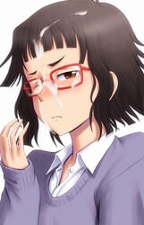 blush bonnie_(rsg) brown_eyes brown_hair closed_mouth collared_shirt cum cum_on_dark_hair cum_on_eyewear cum_on_hair dress_shirt facial female frown glasses long_sleeves one_eye_closed oshiete!_galko-chan otako_(galko) purple_sweater red-framed_eyewear shiny shiny_hair shirt short_dark_hair short_hair simple_background sleeves_past_wrists solo sweater upper_body white_background white_shirt wing_collar