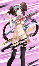 bangs black_legwear blue_eyes blue_sleeves breasts brown_hair censored cleft_of_venus collarbone creatures_(company) double_bun female floating_hair game_freak hair_between_eyes highres holding holding_poke_ball long_hair looking_at_viewer medium_breasts mosaic_censoring motion_blur navel nintendo nipples nude open_mouth poke_ball pokemon pokemon_(game) pokemon_bw2 pussy rosa_(pokemon) solo sweatdrop tearing_clothes tearing_off_clothes tearing_open_bottoms tearing_open_top thighhighs torn_clothes torn_legwear torn_sleeves tsukishiro_saika twintails very_long_hair visor_cap