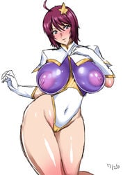 ahoge akikusa_peperon breasts cameltoe cosplay covered_navel covered_nipples female gundam gundam_seed gundam_seed_destiny hair_ornament highleg highleg_leotard impossible_clothes impossible_leotard large_breasts leotard looking_at_viewer lunamaria_hawke meer_campbell meer_campbell_(cosplay) purple_eyes red_hair shiny shiny_clothes shiny_hair shiny_skin short_hair simple_background skin_tight solo standing star_(symbol) star_hair_ornament white_background