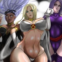 blonde_hair blue_eyes breasts dark-skinned_female dark_skin elizabeth_braddock emma_frost falcon_(artist) female_only huge_breasts looking_at_viewer looking_down looking_down_at_viewer marvel marvel_comics ororo_munroe psylocke purple_hair storm_(x-men) straight_hair white_eyes white_hair white_queen x-men