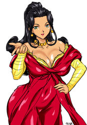 1girls akikusa_peperon alternate_body_type big_breasts black_hair breasts busty child_bearing_hips cleavage clothing covered_navel dark-skinned_female dress female female_only green_eyes hand_on_hip large_breasts long_hair open_mouth ponytail sakura_wars sega smile soletta_orihime solo voluptuous wide_hips