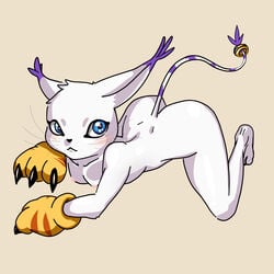 <3_eyes 1:1 :< all_fours anthro ass back_dimples bandai_namco blue_eyes blush breasts clothing digimon digimon_(species) female gatomon gatox_(artist) gloves handwear heart hi_res looking_at_viewer nipples nude simple_background small_breasts solo tailmon whiskers