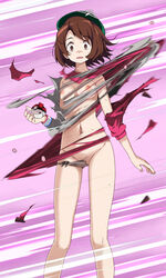 breasts brown_eyes brown_hair censored creatures_(company) female game_freak gloria_(pokemon) green_headwear groin highres looking_at_viewer medium_hair mosaic_censoring navel nintendo nipples open_mouth poke_ball pokemon pokemon_(game) pokemon_ss purple_background pussy scared shiny shiny_hair short_brown_hair small_breasts solo standing sweatdrop tearing_clothes tearing_off_bottoms tearing_off_clothes tearing_off_top torn_clothes tsukishiro_saika