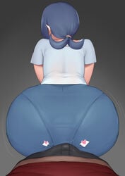 1boy 1girls ass ass_in_dress big_ass big_butt blue_hair bulge buttjob erection_under_clothes female grey_background huge_ass lana's_mother_(pokemon) large_ass long_hair mature_female milf moebell nintendo pantylines pokemon pokemon_sm simple_background thick_ass