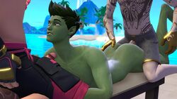 3boys 3d 3d_(artwork) animated beach beast_boy beast_boy_(fortnite) boner dc drift_(fortnite) erection fortnite garfield_logan gay green_body green_eyes green_hair green_skin male male/male male_only midas_(fortnite) midsummer_midas nude scoutfuntf2 sound source_filmmaker spitroast summer_drift tagme threesome video yaoi