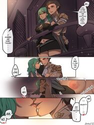 1boy 1girls breasts breasts_out byleth_(fire_emblem) byleth_(fire_emblem)_(female) claude_von_riegan comic dialogue english_text fire_emblem fire_emblem:_three_houses french_kiss french_kissing green_hair kissing long_hair nintendo puffphox sweat text