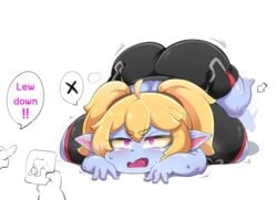 1girls ass big_ass big_breasts blonde_hair blush female huge_breasts jack-o_pose large_breasts league_of_legends pointy_ears poppy riot_games shinolara shortstack smaller_female spandex_shorts speech_bubble text thick_thighs thighs twintails white_background yordle