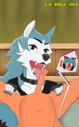 age_difference anthro bedroom blue_eyes blue_fur blue_hair blush brand_new_animal collar fangs first_person_view fur genderswap hand_on_thigh inside looking_at_viewer male/female michiru_kagemori on_back oral orange_body orange_skin penis penis_lick pointy_and_animal_ears rule_63 sharp_teeth shirou_ogami surprised_expression tail tail_tuft tanuki wolf wolf_ears