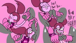 1girls 2boys ball_sucking bisexual blush cartoon_network fellatio female frottage gem_(species) handjob jones_boi jonesbo50034805 oral penises_touching pink_hair rolling_eyes spinel_(steven_universe) steven_universe threesome twin